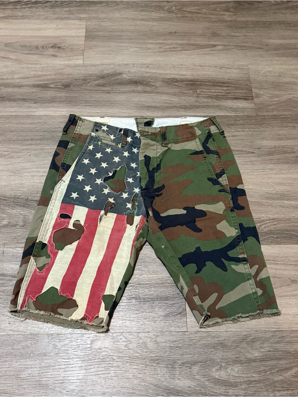Denim & Supply Ralph Lauren Distressed Camo Cargo Shorts with Flag Patch